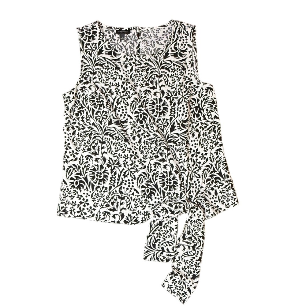 Talbots Women's‎ Sleeveless Tie-Waist Top Black White Floral Print S